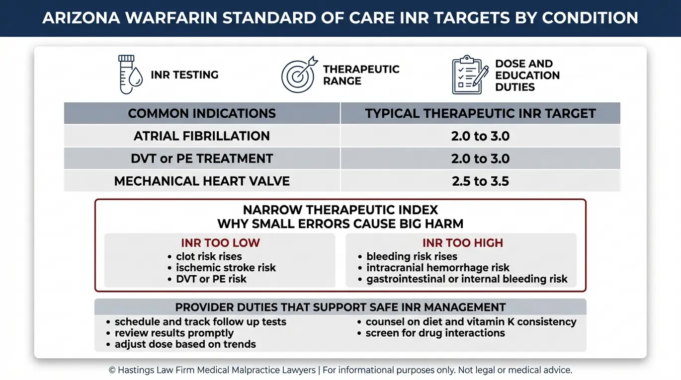 Comparison chart showing Warfarin standard of care with INR target ranges by condition and why high or low INR causes clots or bleeding for an Arizona Warfarin Mismanagement Lawyer topic.
