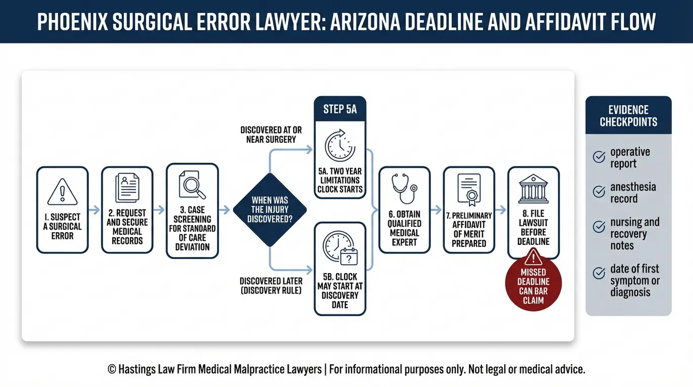 Diagrama de flujo que muestra la regla de descubrimiento del plazo de prescripción de Arizona y los pasos para presentar una declaración jurada de fundamento en un caso de error quirúrgico en Phoenix.