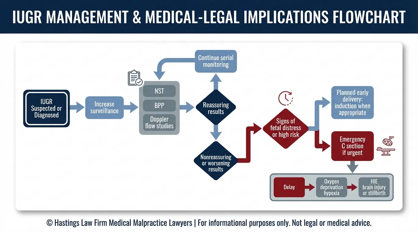 Process flowchart showing IUGR monitoring and escalation from NST BPP and Doppler results to planned early delivery or emergency C section highlighting delay leading to hypoxia and HIE for Arizona Intrauterine Growth Restriction Lawyer evaluation.