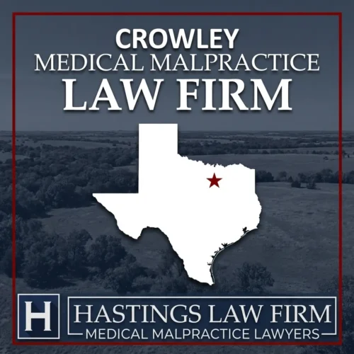 Los mejores Abogados de Negligencia Médica en Crowley Texas Una escena del paisaje de Crowley Texas. Una estrella roja señala el lugar donde los abogados locales de negligencia médica han ayudado a los pacientes lesionados. Logo The Hastings Law Firm aparece en la parte inferior.