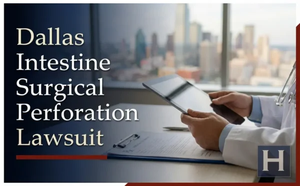 Un médico con bata blanca revisa documentos médicos y sostiene una tableta con una vista de la ciudad de Dallas, subrayando los posibles problemas que un abogado de Perforación Quirúrgica Intestinal aborda.