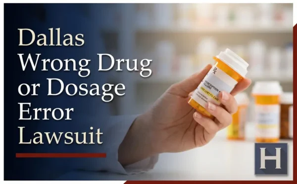 A hand holds a prescription bottle with a label reading 'PRESCRIPTION FILLURE' and 'DRUG LOST TO CARE', highlighting the need for a Dallas Wrong Drug or Dosage Error lawyer.