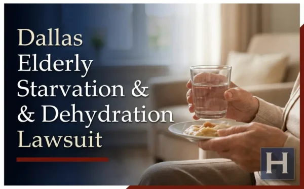 Las manos de una persona mayor sostienen un vaso de agua y un plato pequeño con puré, lo que pone de relieve la labor de un abogado especializado en casos de desnutrición y deshidratación de personas mayores en Dallas.