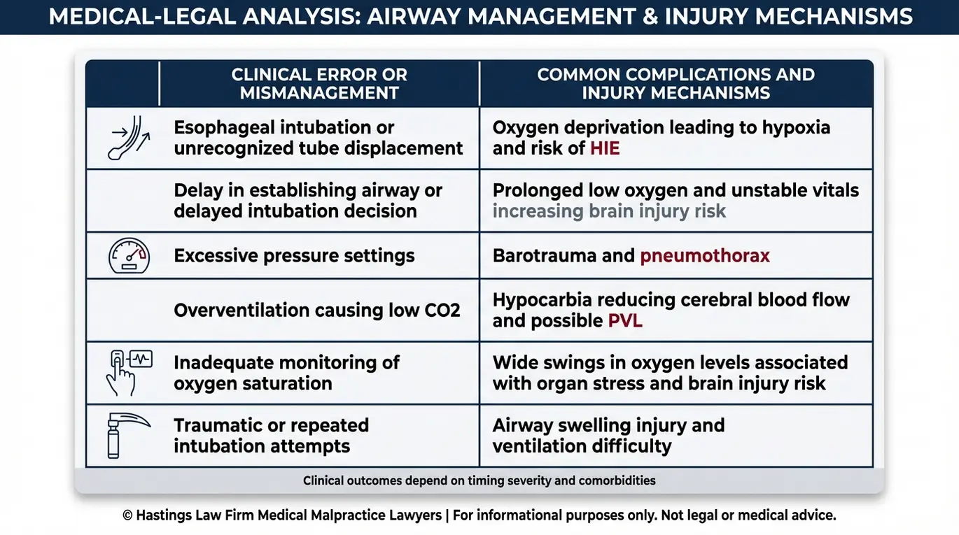 Comparison chart summarizing ventilation and intubation errors and the resulting neonatal complications including hypoxia HIE pneumothorax barotrauma and PVL for families researching a Texas Infant Intubation Injury Lawyer.