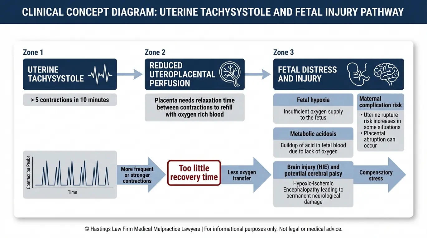 Diagrama clínico que muestra el mecanismo que va desde el uso excesivo de Pitocin y la taquisistolia uterina hasta la reducción de la perfusión uteroplacentaria y la hipoxia fetal, que un abogado especializado en negligencia médica por uso excesivo de Pitocin en Arizona podría relacionar con la encefalopatía hipóxica intraparto (HIE) o la parálisis cerebral.