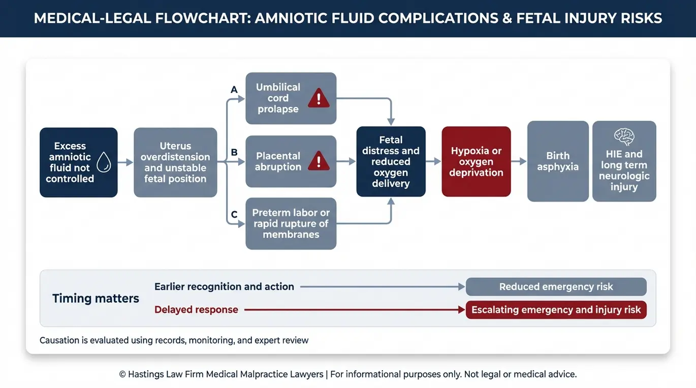 Diagrama de flujo que muestra cómo el polihidramnios no tratado puede provocar un prolapso del cordón umbilical o un desprendimiento de placenta, lo que a su vez puede dar lugar a sufrimiento fetal, hipoxia y encefalopatía hipóxico-isquémica (HIE), lo cual respalda la explicación de causalidad ofrecida por un abogado especializado en casos de manejo inadecuado del polihidramnios en Arizona.