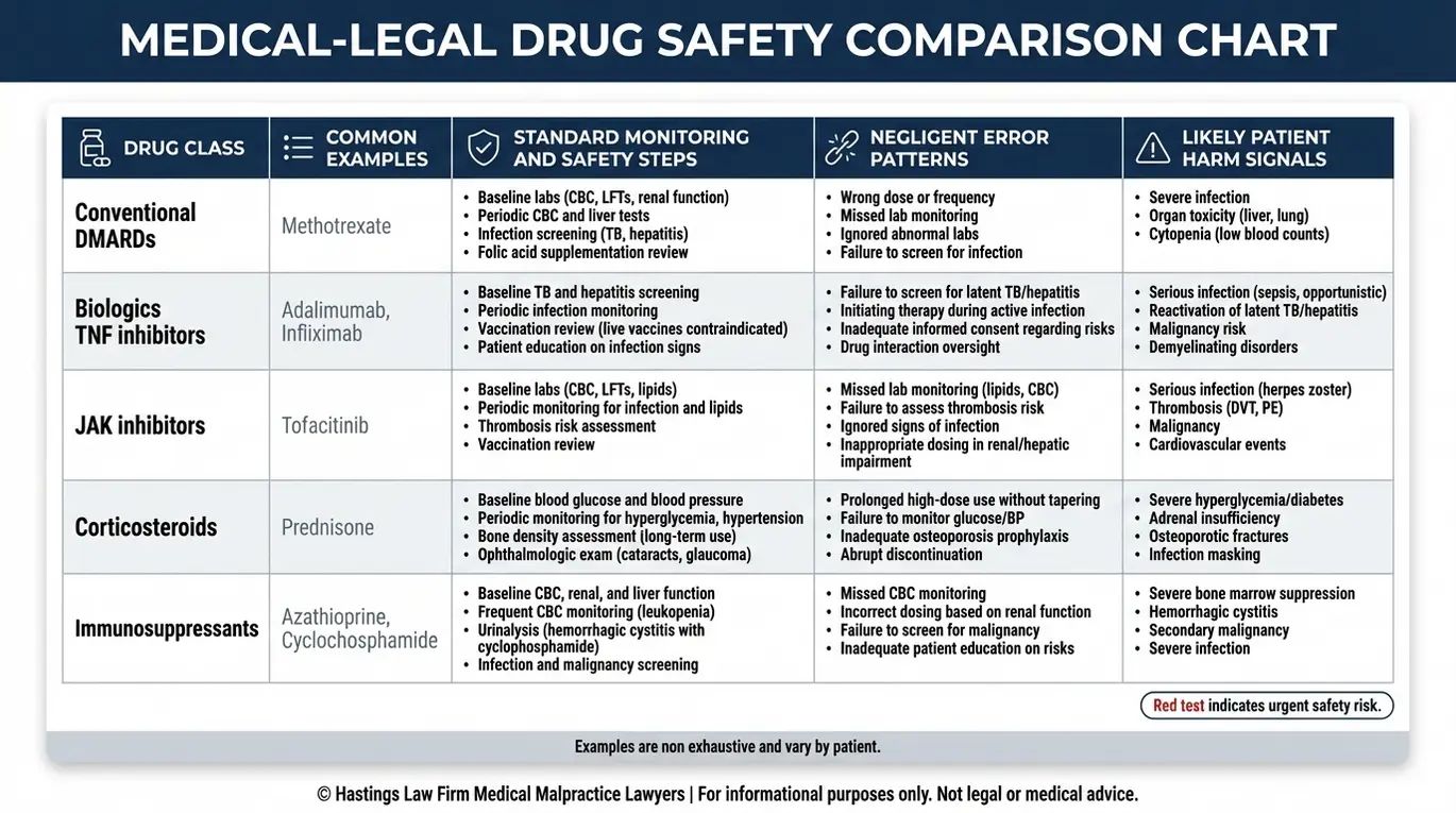 Tabla comparativa para un abogado especializado en negligencia médica de reumatólogos Texas que muestra las clases de medicamentos reumatológicos, los pasos estándar de seguimiento, los errores comunes en la prescripción y el seguimiento, y los indicios de daños al paciente en el caso de los fármacos biológicos y los inmunosupresores.