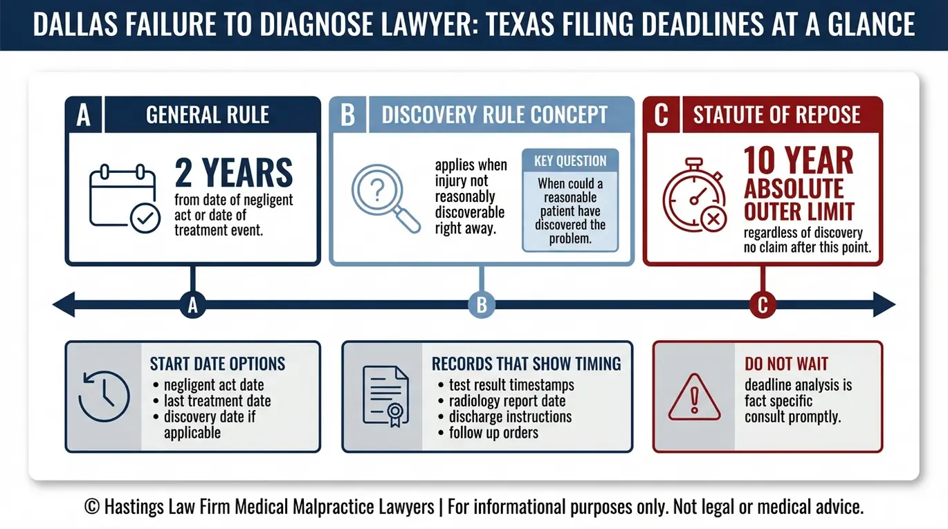 Timeline infographic for a Dallas failure to diagnose lawyer explaining Texas statute of limitations discovery rule concept and statute of repose deadlines.