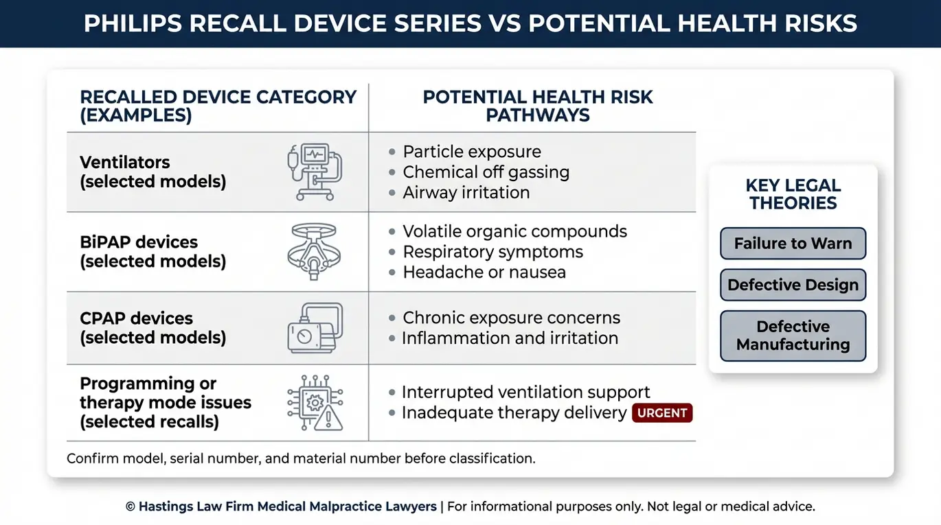 Tabla comparativa que relaciona las categorías de respiradores retirados del mercado por Philips con las vías de riesgo que un abogado especializado en la gestión inadecuada de respiradores Texas evalúa en las demandas por dispositivos médicos defectuosos.