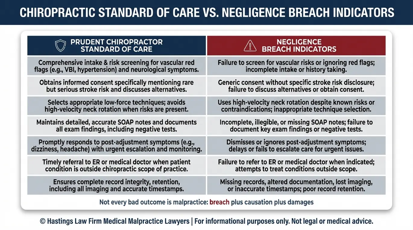 Tabla comparativa que explica los conceptos relacionados con los abogados especializados en negligencia profesional de quiroprácticos en Arizona, mediante el contraste entre las obligaciones del estándar de atención quiropráctica y los indicadores de incumplimiento por negligencia, incluyendo la documentación del consentimiento informado, la elección de la técnica y la derivación a servicios de urgencias.