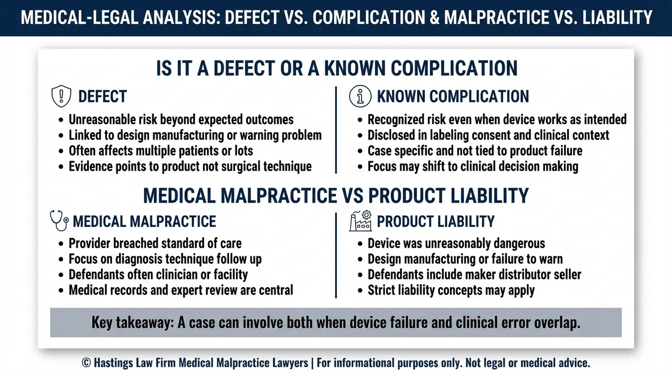 Tabla comparativa que explica cómo un abogado especializado en dispositivos médicos defectuosos de Arizona distingue entre un defecto del dispositivo y una complicación conocida, así como entre la responsabilidad por productos defectuosos y la negligencia médica, con el fin de determinar quién puede ser responsable.