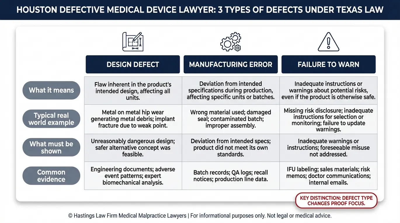 Tabla comparativa para un abogado especializado en dispositivos médicos defectuosos de Houston, en la que se comparan los defectos de diseño, los errores de fabricación y la falta de advertencias, con ejemplos, aspectos clave de la prueba y pruebas habituales.