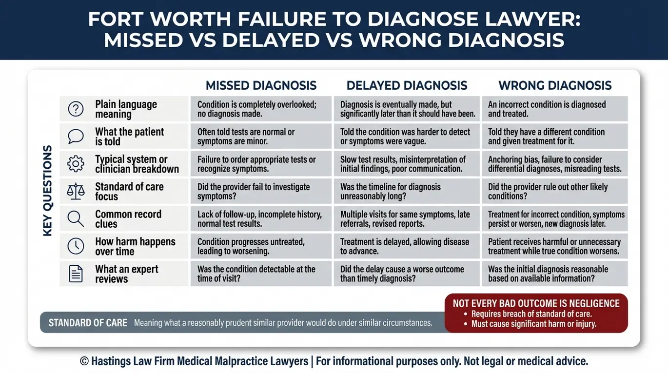 Comparison chart defining missed diagnosis delayed diagnosis and wrong diagnosis in a Fort Worth Failure To Diagnose Lawyer medical malpractice claim with standard of care and causation clues.