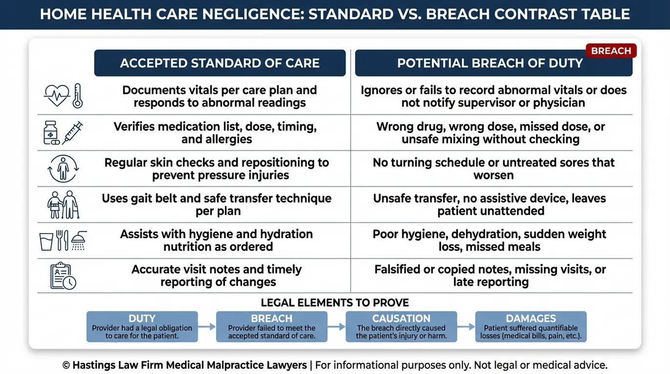 Tabla comparativa que explica cómo un abogado especializado en negligencia profesional de proveedores de atención médica domiciliaria Texas evalúa el nivel de atención frente al incumplimiento del deber en materia de monitorización, medicación, cuidado de heridas, prevención de caídas, higiene y documentación, además de los elementos jurídicos del incumplimiento del deber, la causalidad y los daños y perjuicios.