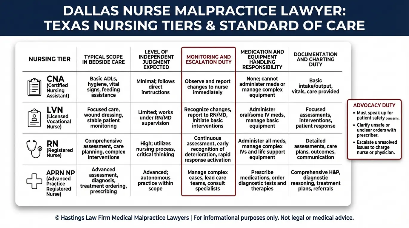 Tabla comparativa elaborada por un abogado especializado en negligencia médica de Dallas que muestra las funciones de los auxiliares de enfermería (CNA), los técnicos de enfermería (LVN), los enfermeros titulados (RN) y los enfermeros practicantes (NP), y cómo varían las obligaciones del estándar de atención de enfermería Texas en lo que respecta a la supervisión, la escalada de casos, la seguridad de los medicamentos y la documentación.