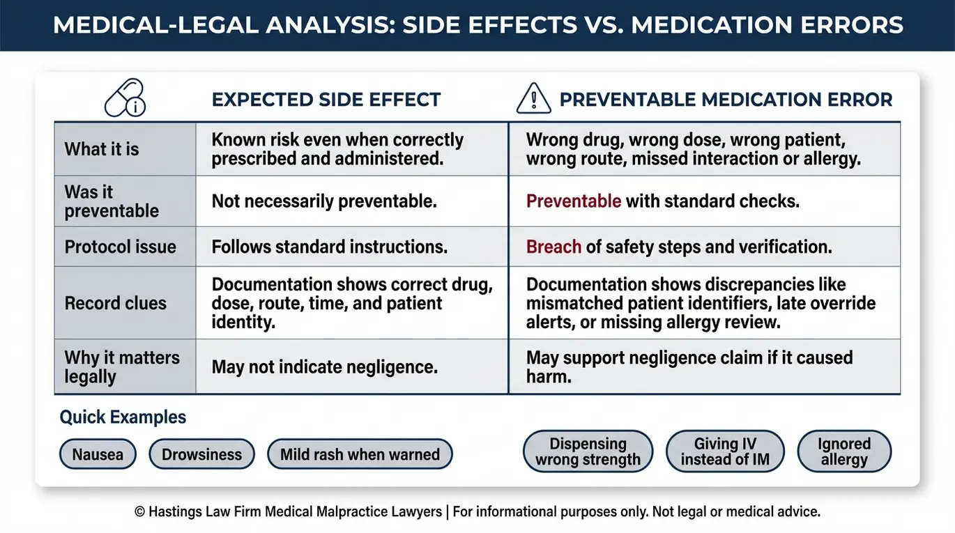Comparison chart explaining the difference between a medication side effect and a preventable medication error with legal relevance for an Arizona Medication Error Lawyer case review.