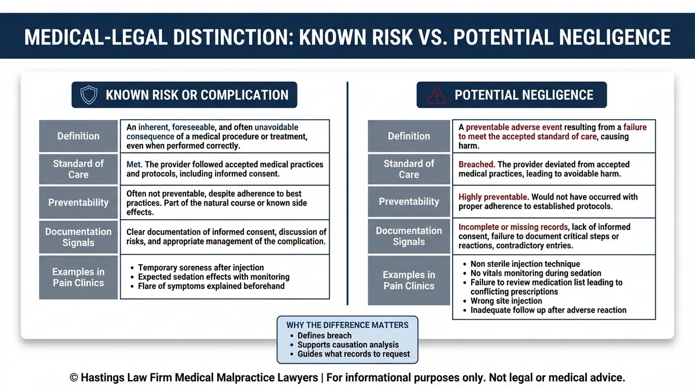 Comparison chart explaining known complications versus potential negligence for an Arizona Pain Management Center Malpractice Lawyer evaluation with standard of care and documentation signals.