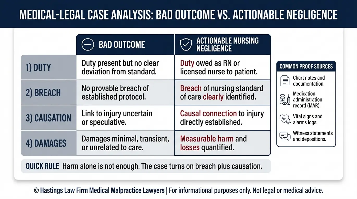 Tabla comparativa que explica cómo un abogado especializado en negligencia médica de Arizona demuestra el incumplimiento del deber, la causalidad y los daños, frente a un mal resultado sin negligencia.