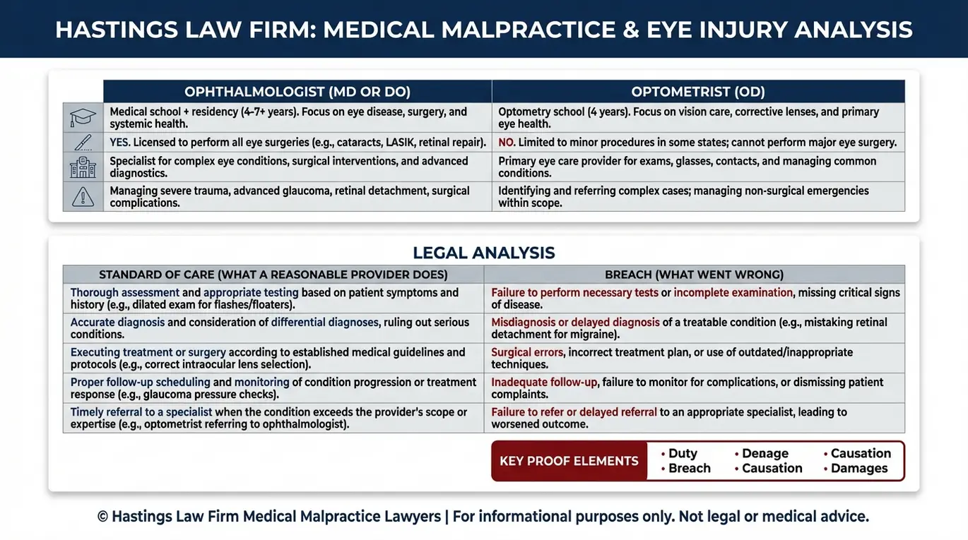 Tabla comparativa que explica cómo un abogado especializado en negligencia médica oftalmológica de Texas evalúa las obligaciones de los oftalmólogos frente a las de los optometristas y compara el nivel de atención estándar con su incumplimiento, utilizando ejemplos comunes de atención oftalmológica.