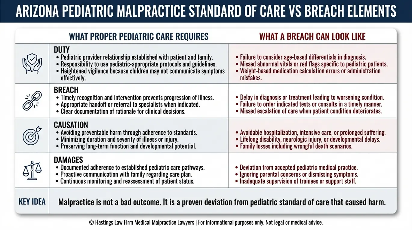 Tabla comparativa en la que se explica el estándar de atención en casos de negligencia médica pediátrica en Arizona, frente al incumplimiento del deber, la causalidad y los elementos de indemnización por daños y perjuicios, dirigida a un abogado especializado en negligencia médica pediátrica de Phoenix.
