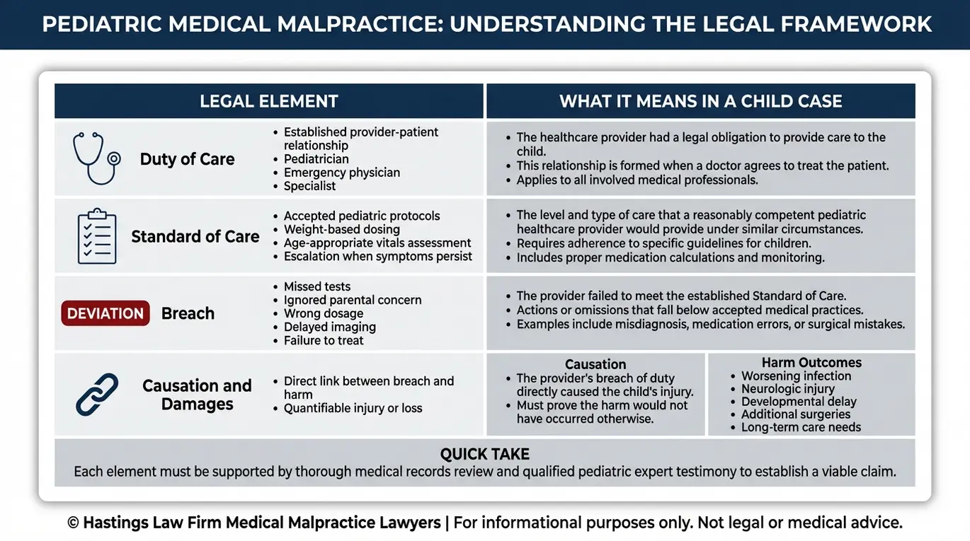 Tabla comparativa que explica cómo un abogado especializado en negligencia médica pediátrica del tipo Texas demuestra el incumplimiento del deber de diligencia, la causalidad y los daños y perjuicios utilizando ejemplos específicos de la pediatría.
