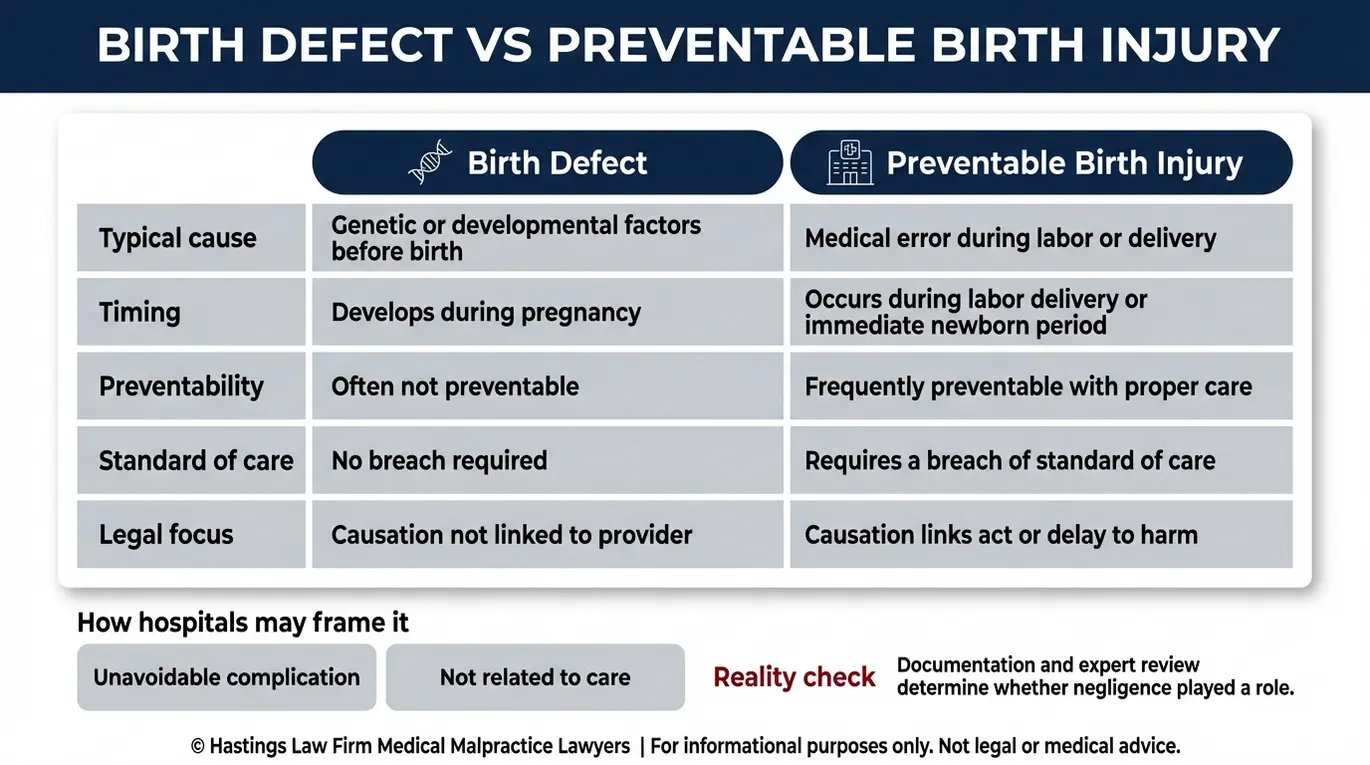 Comparison chart explaining birth defect versus preventable birth injury and how a Dallas Birth Injury Lawyer evaluates standard of care timing preventability and hospital complication defenses.