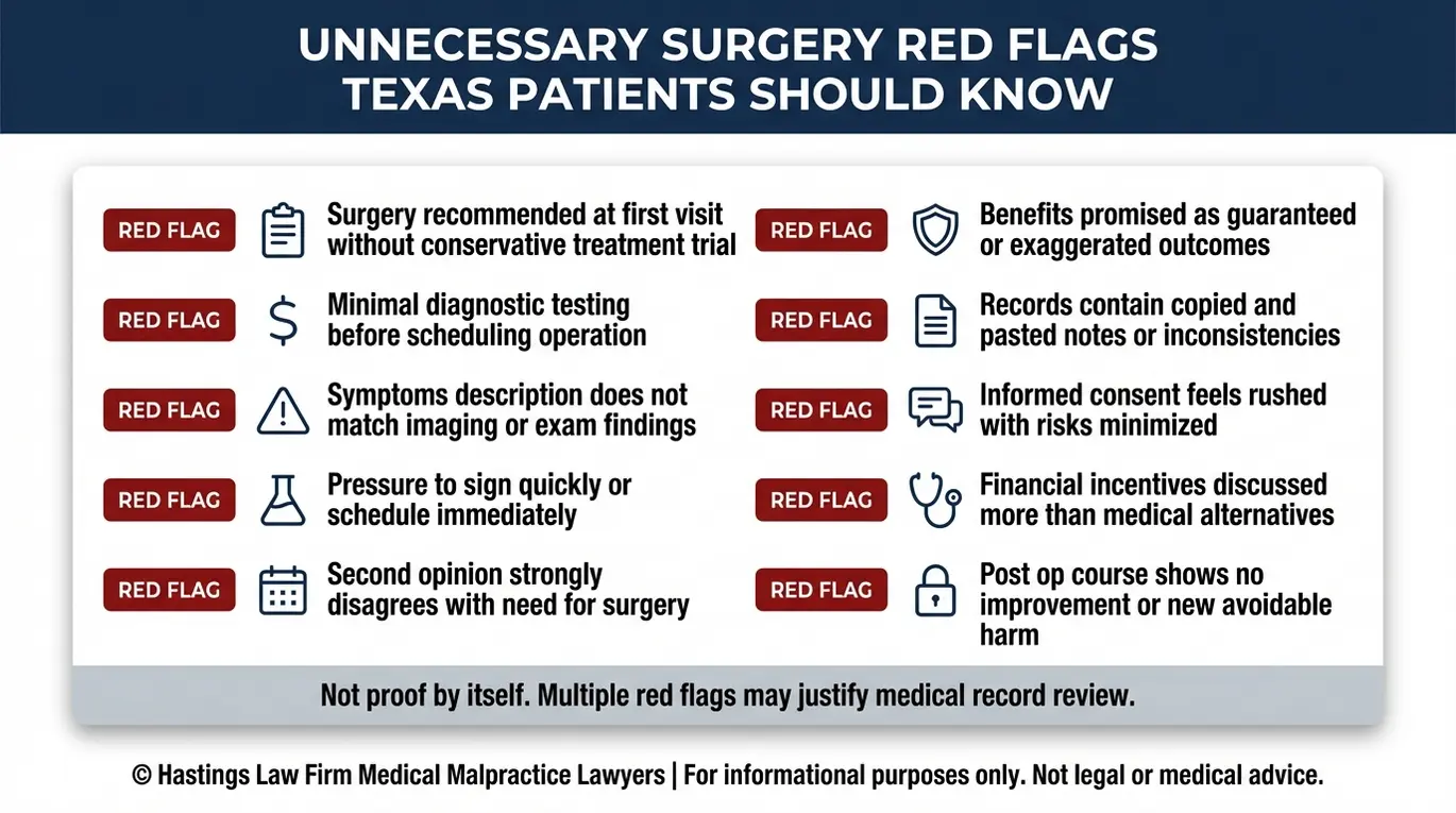 Checklist of Texas unnecessary surgery red flags to review before contacting an Austin Unnecessary Surgery Lawyer.