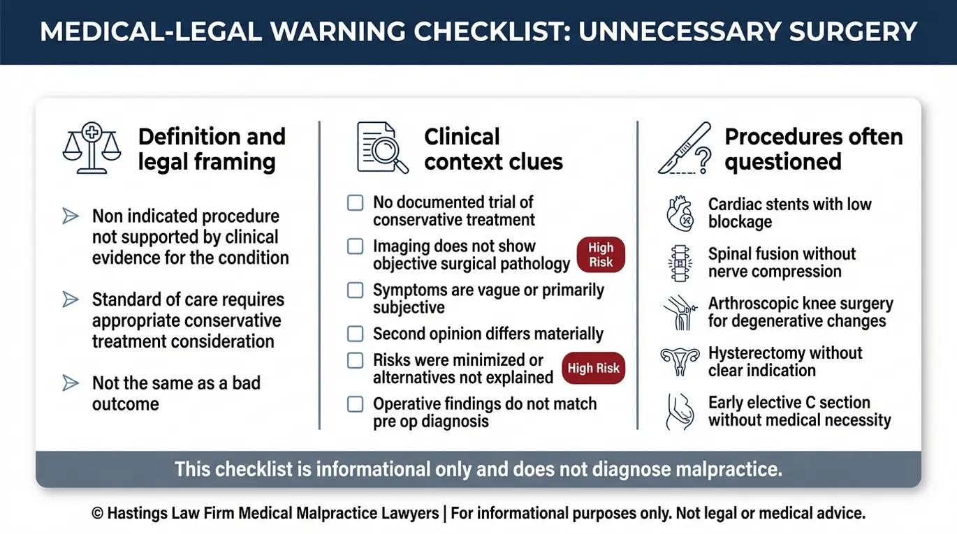 Lista de verificación de advertencias que define la cirugía innecesaria según la legislación sobre negligencia médica de Arizona, con señales de alerta para los procedimientos no indicados y una lista de cirugías que suelen ser objeto de cuestionamiento.