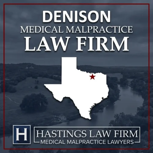 Los mejores abogados de negligencia médica en Denison Texas Una escena de paisaje de Denison Texas. Una estrella roja señala el lugar donde los abogados locales de negligencia médica han ayudado a pacientes lesionados. El logotipo de The Hastings Law Firm aparece en la parte inferior.