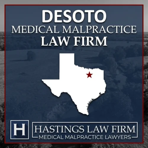 Los mejores abogados de negligencia médica en DeSoto Texas Una escena de paisaje de DeSoto Texas. Una estrella roja señala el lugar donde los abogados locales de negligencia médica han ayudado a los pacientes lesionados. Logo The Hastings Law Firm aparece en la parte inferior.