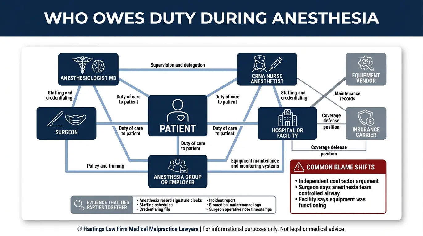 Diagrama de relaciones entre entidades que explica la responsabilidad por errores de anestesia en el caso Texas, mostrando cómo se relacionan las responsabilidades del anestesiólogo, el enfermero anestesista certificado (CRNA), el cirujano y el hospital en una investigación llevada a cabo por un abogado especializado en errores de anestesia de Fort Worth.