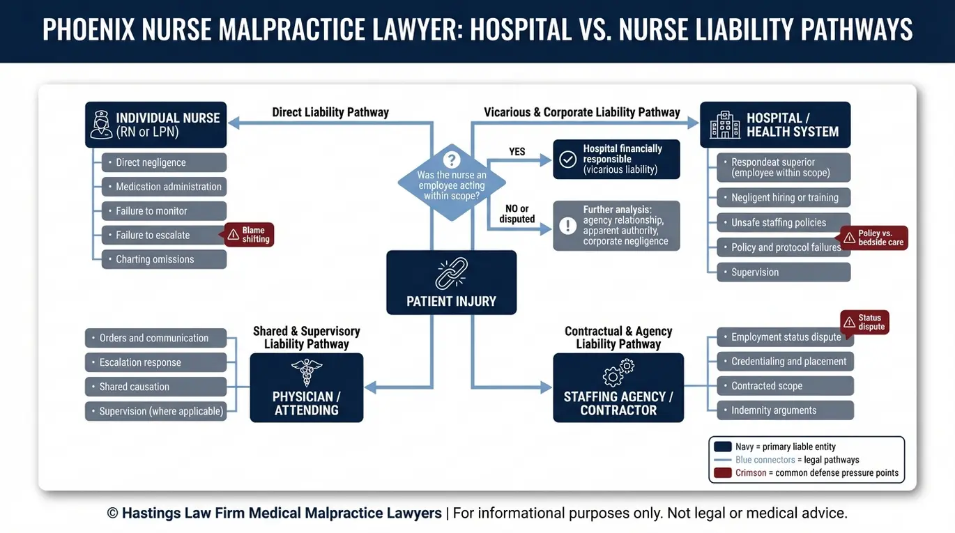 Diagrama de relaciones entre entidades que muestra las vías de responsabilidad civil de Phoenix Nurse Malpractice Lawyer entre el hospital, la enfermera, el médico y la agencia de contratación, con un punto de decisión sobre el alcance de la responsabilidad subsidiaria en el ámbito laboral.