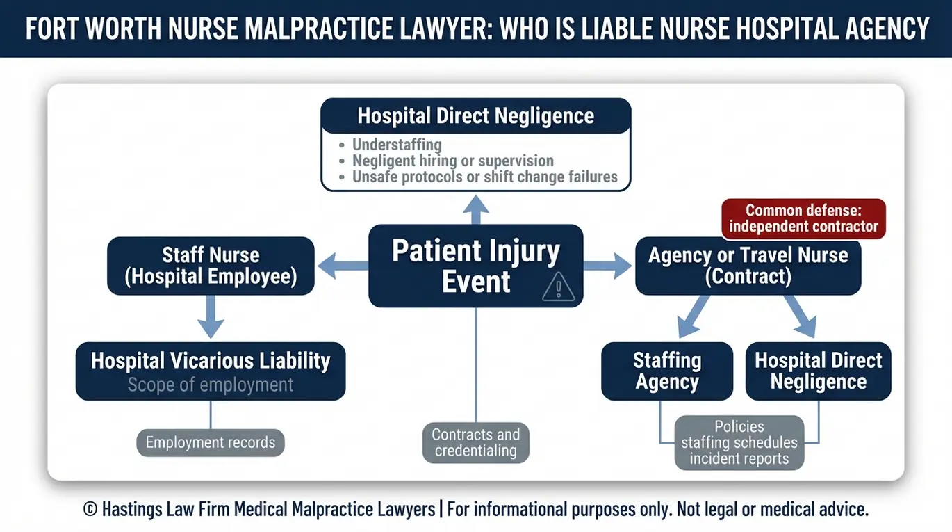 Entity relationship map showing how a Fort Worth nurse malpractice lawyer evaluates hospital vicarious liability versus agency nurse and staffing agency responsibility plus direct hospital negligence.