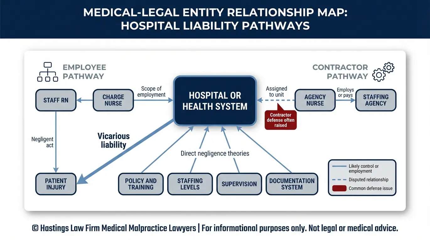 Diagrama de relaciones entre entidades que muestra los vínculos de responsabilidad subsidiaria entre un hospital, una enfermera empleada por el hospital, una enfermera de una agencia y una agencia de contratación de personal en un caso de negligencia profesional de enfermería Texas.