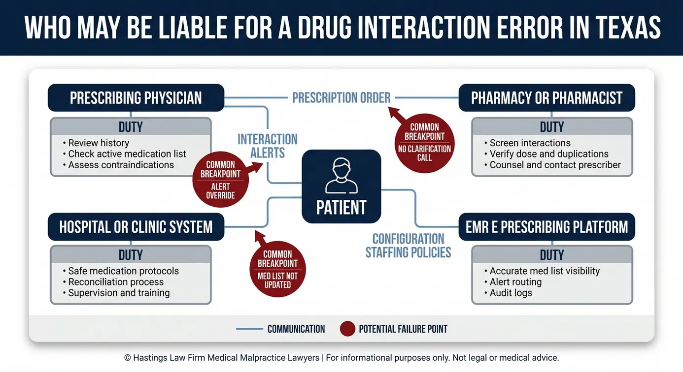 Diagrama de relaciones entre entidades que muestra cómo un abogado especializado en negligencia médica por interacciones farmacológicas (Texas) analiza la responsabilidad entre el médico, el farmacéutico, el sistema hospitalario y el sistema de registros médicos electrónicos (EMR) cuando los medicamentos contraindicados causan daños.
