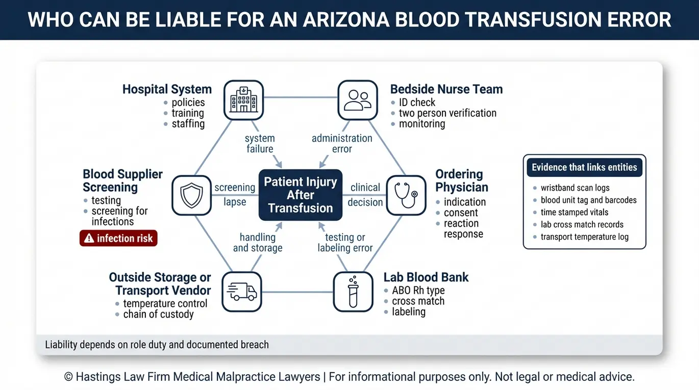 Entity relationship map showing hospital nurse blood bank physician and vendor roles for assigning fault in an Arizona blood transfusion error lawyer case.