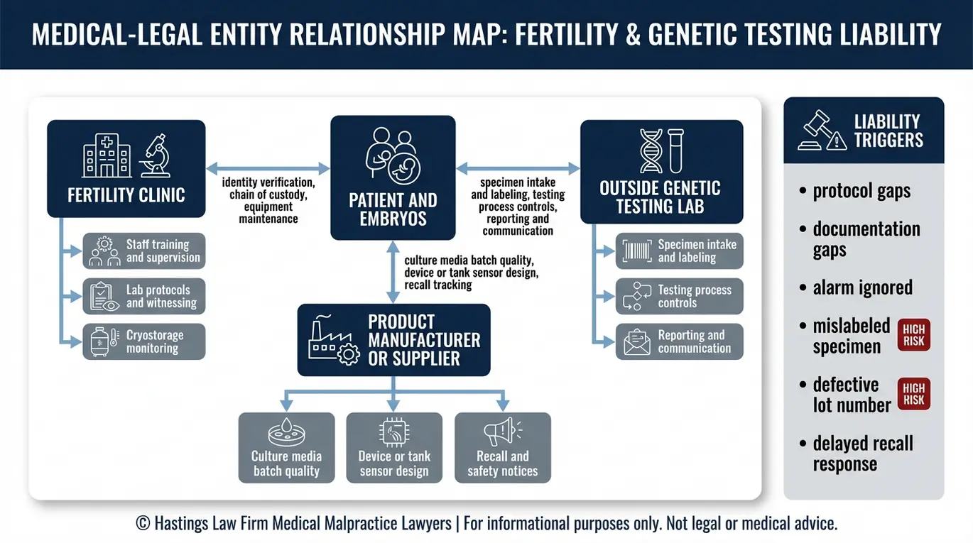 Entity map for an Arizona Fertility Clinic Malpractice Lawyer illustrating clinic lab manufacturer and genetic testing lab liability connections for embryo loss and genetic mix ups in IVF.