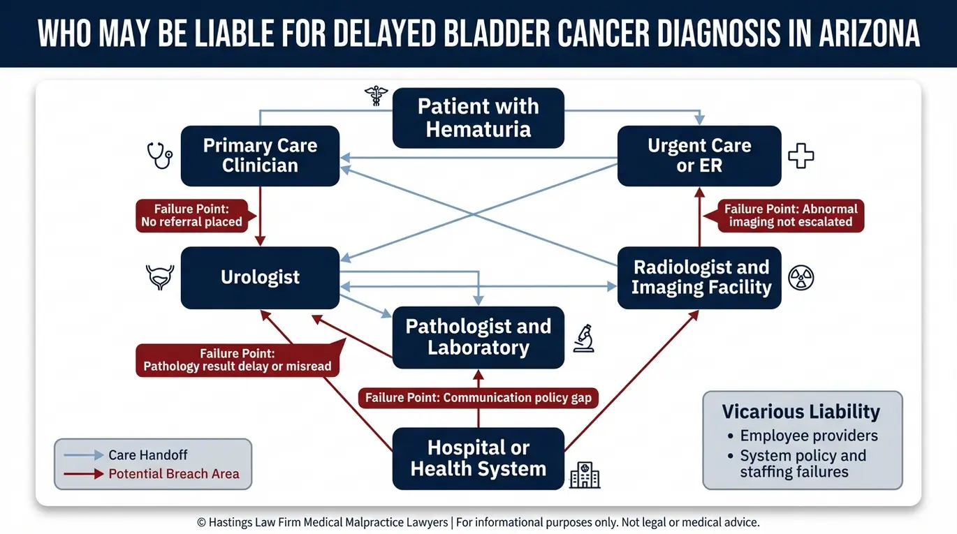 Mapa de entidades de proveedores y sistemas que podrían compartir la responsabilidad en una investigación sobre un diagnóstico tardío llevada a cabo por un abogado especializado en casos de diagnóstico erróneo de cáncer de vejiga en Arizona.