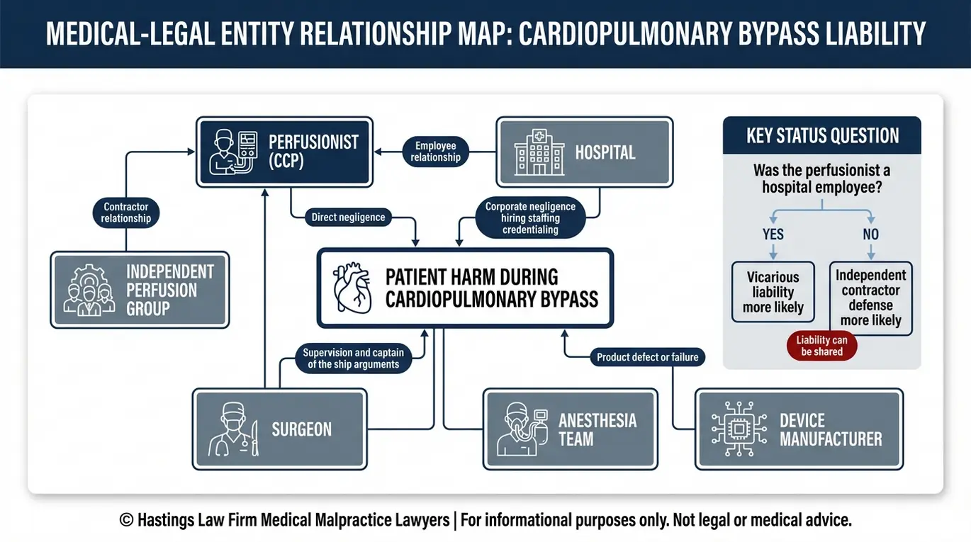 Entity relationship map explaining who can be liable in a heart lung machine injury case including hospital surgeon perfusionist contractor group and manufacturer for Texas Perfusionist Malpractice Lawyer research.