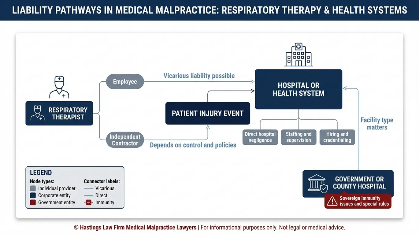 Entity relationship map for a Texas Respiratory Therapist Malpractice Lawyer explaining how liability can extend from a respiratory therapist to a hospital under vicarious liability and direct hospital negligence with a sovereign immunity flag for government hospitals.