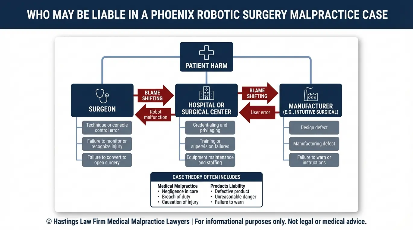 Mapa de relaciones entre entidades en el que se describen las vías de responsabilidad del cirujano, el hospital y el fabricante relevantes para un abogado especializado en negligencias en cirugía robótica de Phoenix que tramita demandas por negligencia en cirugía robótica.