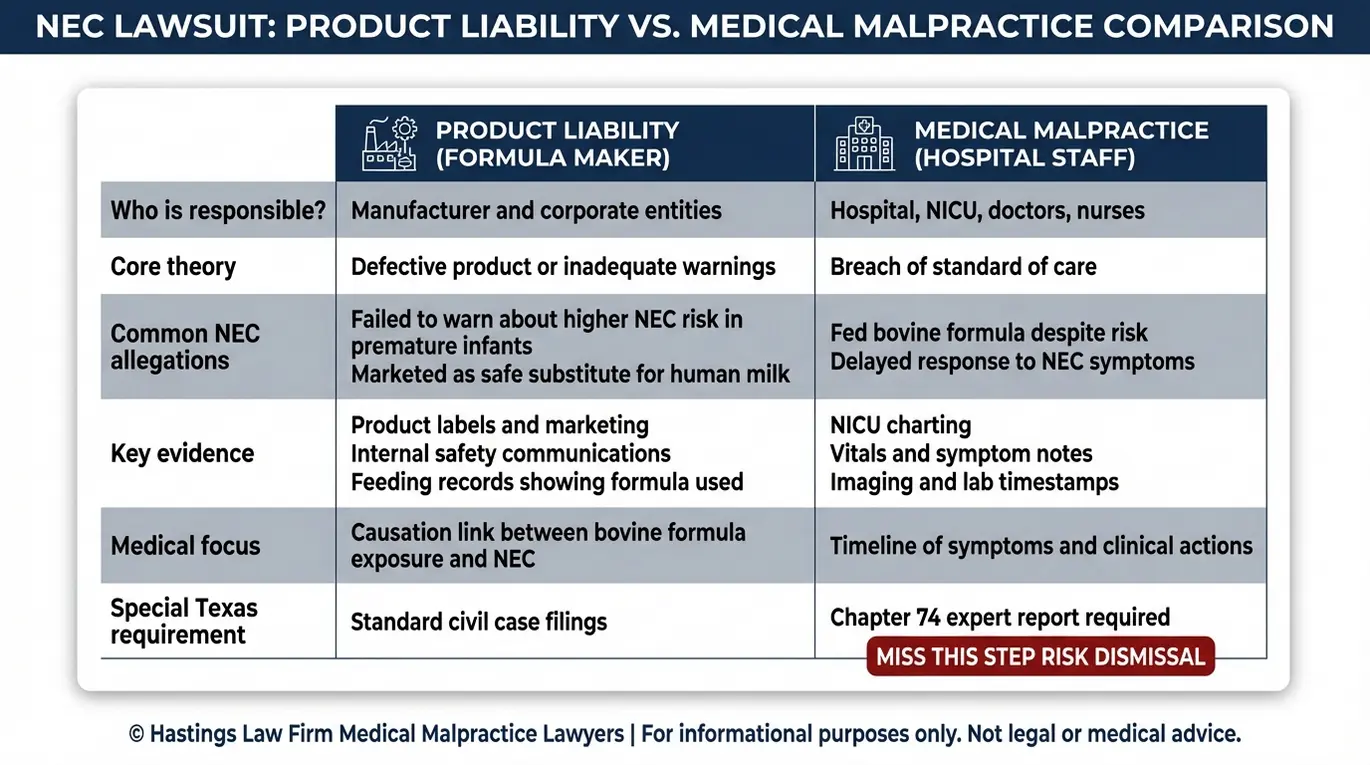Comparison chart for a Texas Infant Necrotizing Enterocolitis Lawyer showing product liability against formula manufacturers versus medical malpractice by NICU staff including core theories evidence and Texas Chapter 74 expert report requirement.