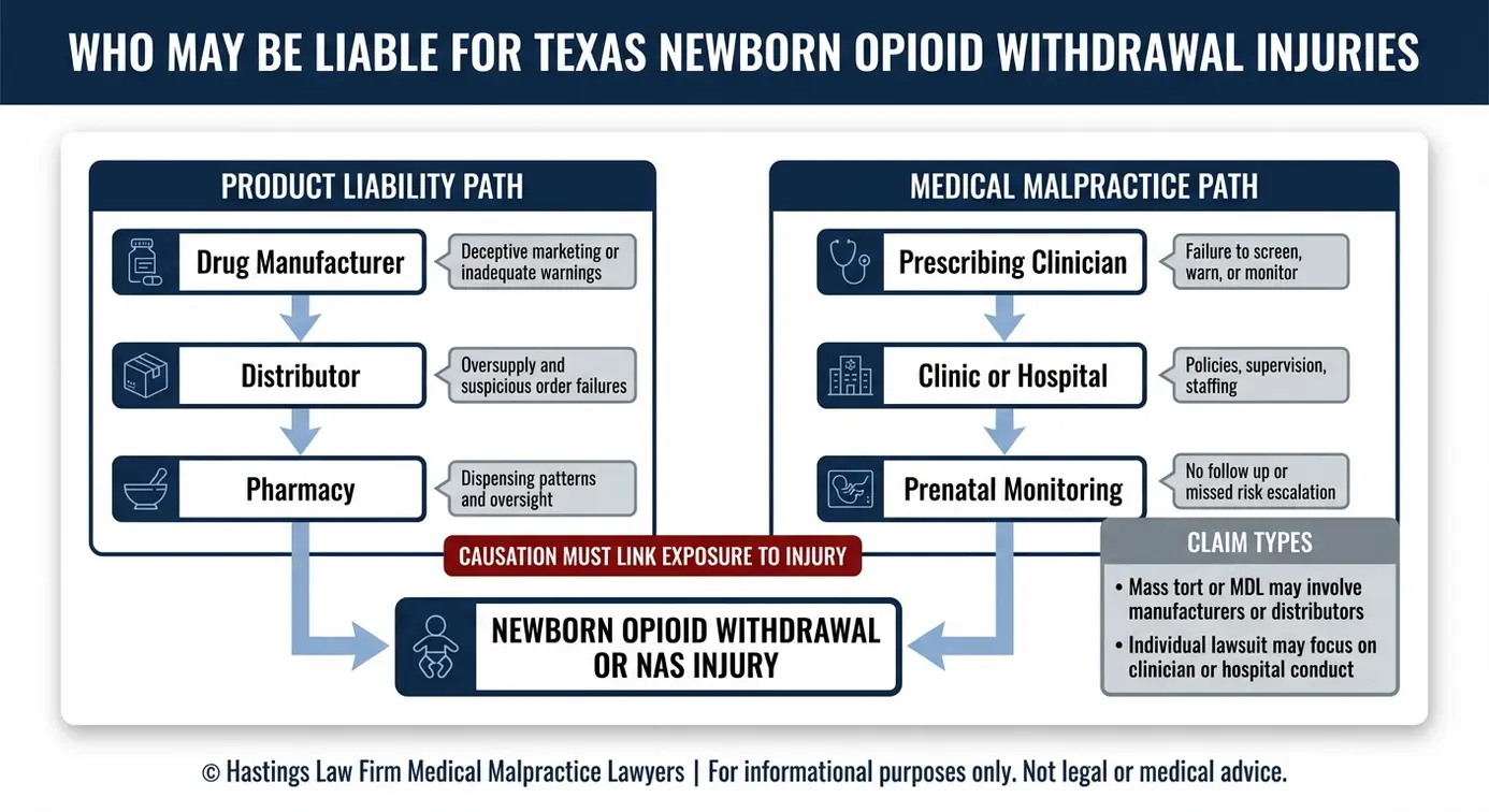 Entity map contrasting pharmaceutical and medical malpractice liability paths for a Texas Newborn Opioid Withdrawal Lawyer evaluating a newborn opioid withdrawal claim.