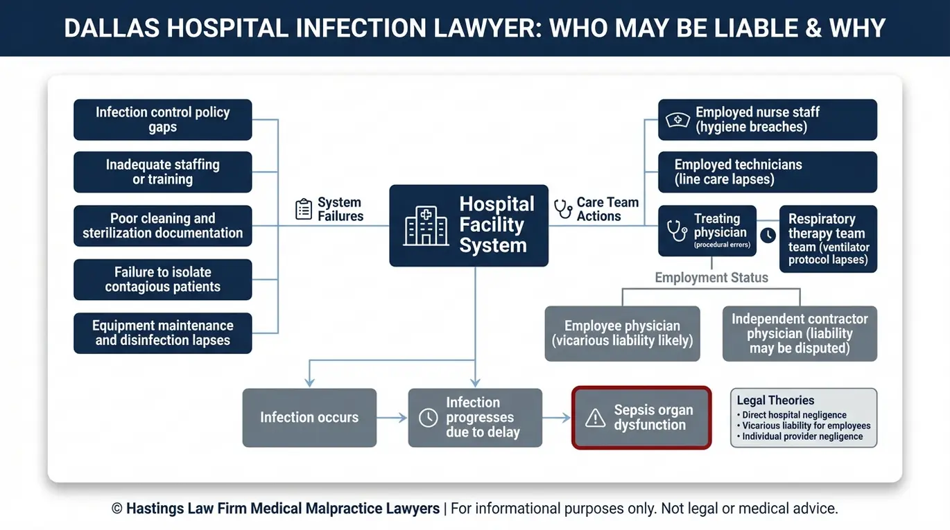 Entity relationship map showing how a Dallas Hospital Infection Lawyer may link hospital system failures employee actions and contractor status to causation from infection to sepsis and organ dysfunction.