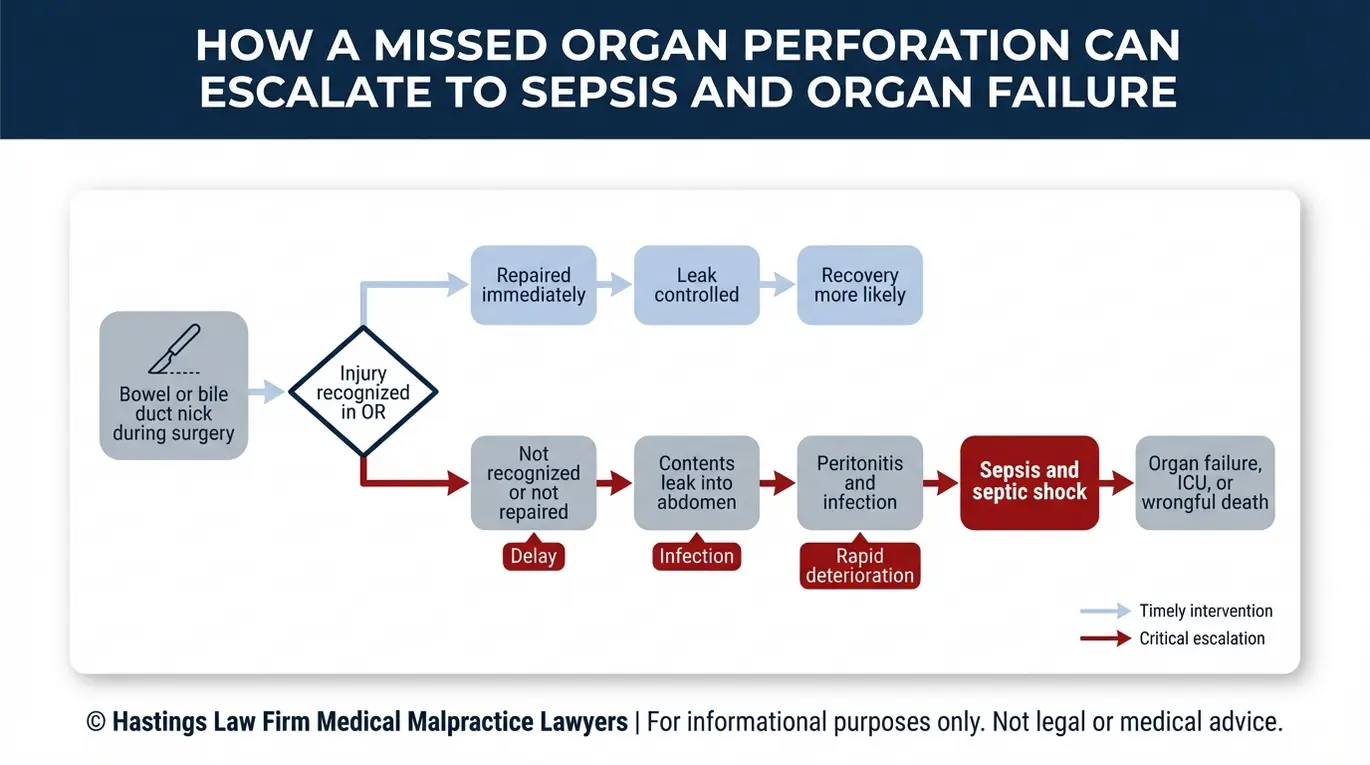 Flowchart showing the progression from missed puncture to peritonitis and sepsis that a Houston Organ Puncture or Perforation Lawyer investigates to prove causation.