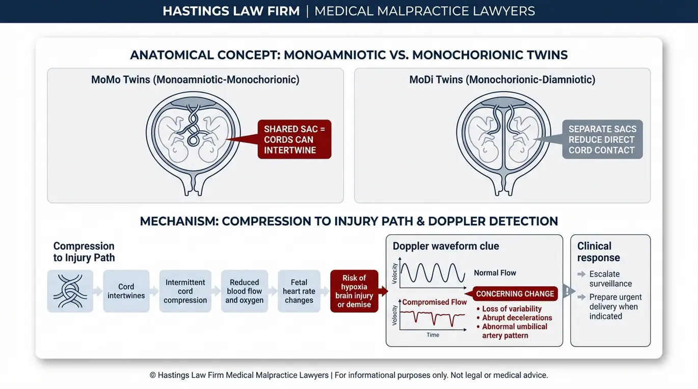 Clinical diagram explaining Texas Monoamniotic Twins Cord Entanglement Lawyer concepts including MoMo shared amniotic sac anatomy, umbilical cord entanglement mechanism, and Doppler waveform warning patterns that indicate cord compression risk.