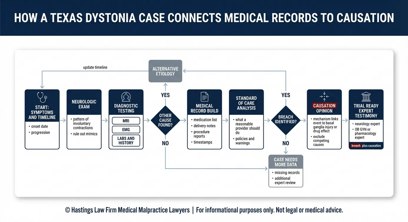 Process flowchart of diagnosing dystonia and proving causation for a Texas Dystonia Disorder Lawyer including MRI EMG medical records and expert testimony steps.