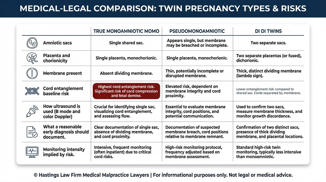 Tabla comparativa que explica las diferencias en el diagnóstico entre gemelos monoamnióticos verdaderos, gemelos pseudomonoamnióticos y gemelos di-di, y cómo los hallazgos ecográficos influyen en el riesgo de enredo del cordón umbilical, para su análisis por parte de un abogado especializado en casos de enredo del cordón umbilical en gemelos monoamnióticos de Arizona.