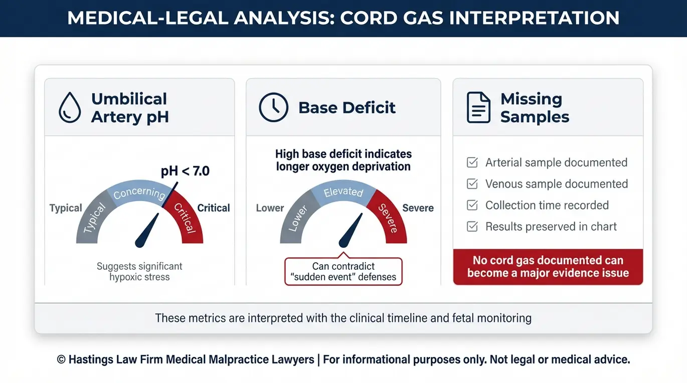 Data infographic for Texas Fetal Acidosis Lawyer reviews showing umbilical cord blood gas evidence including umbilical artery pH below 7.0 base deficit meaning duration of hypoxia and a checklist for missing samples.