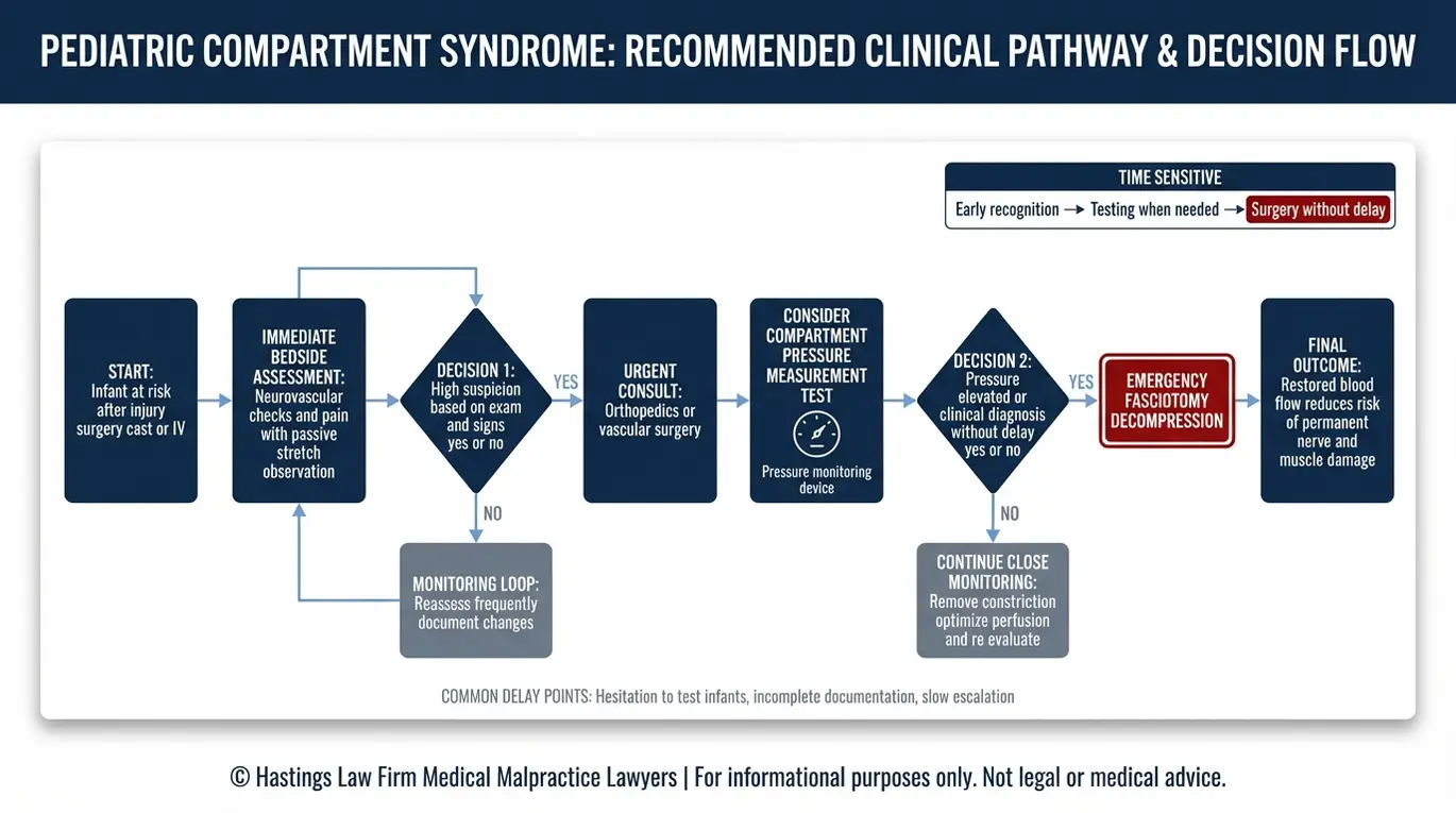 Process flowchart outlining pediatric compartment syndrome diagnosis steps including neurovascular checks, compartment pressure measurement testing, escalation to specialists, and fasciotomy, aligned with what a Texas Infant Compartment Syndrome Lawyer evaluates in delay cases.